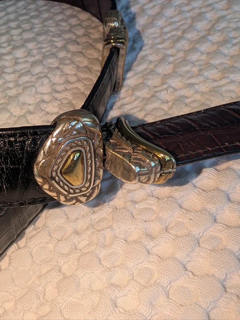 Vintage BRIGHTON Marcus Two Tone Croc Leather Belt Heart Concho 40210 Size 32